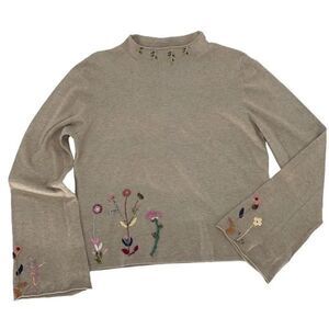 Colour Works Women's Embroidered Floral Long Sleeve‎ Pullover Sweater Tan  XL